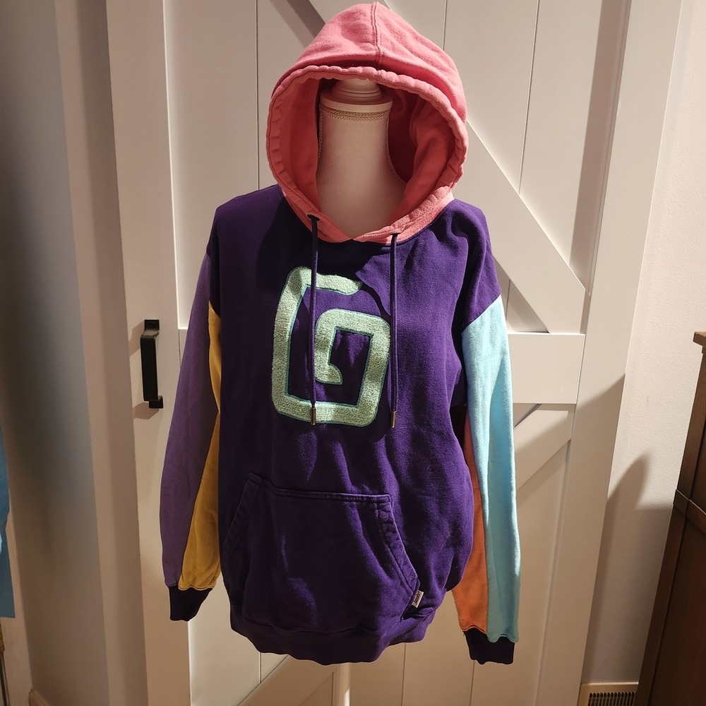 Karl Jacobs Colorful Graphic Hoodie with Pink Hood Size L